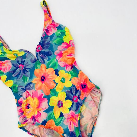 Vintage Neon Floral One Piece Swimsuit